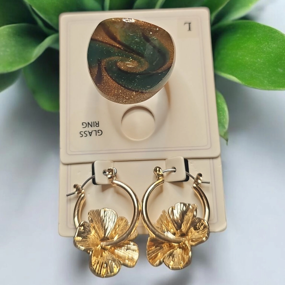 Elegant Gold Floral Hoop Earrings Glass Ring Both NWT